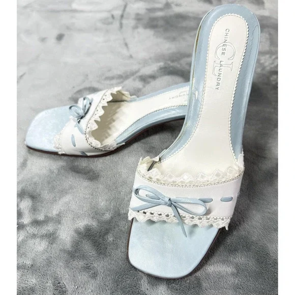 Chinese Laundry Jove Shoes Womens Size 8 Blue Mule Heels Lace Bow Open Toe - Picture 13 of 14